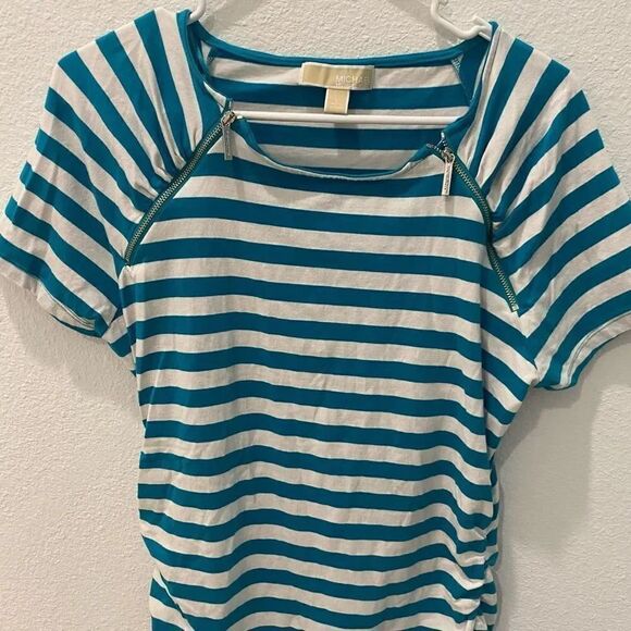 Michael Kors Blue and White Ruched Top Size Large - Picture 2 of 6